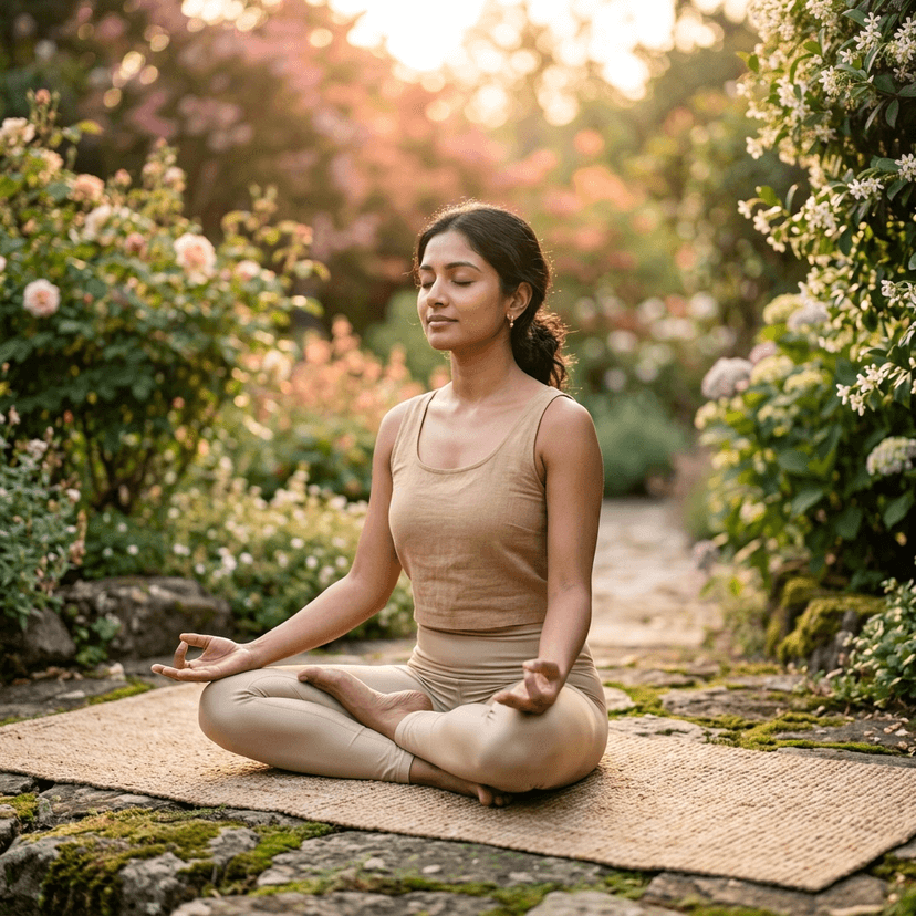 Peaceful Indian woman meditating in lotus position outdoors in nature